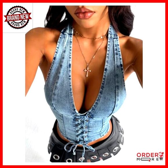 Denim Halter Corset Top Y2K Lace Up Vest Shirred Tie Backless Sleeveless - Picture 5 of 7
